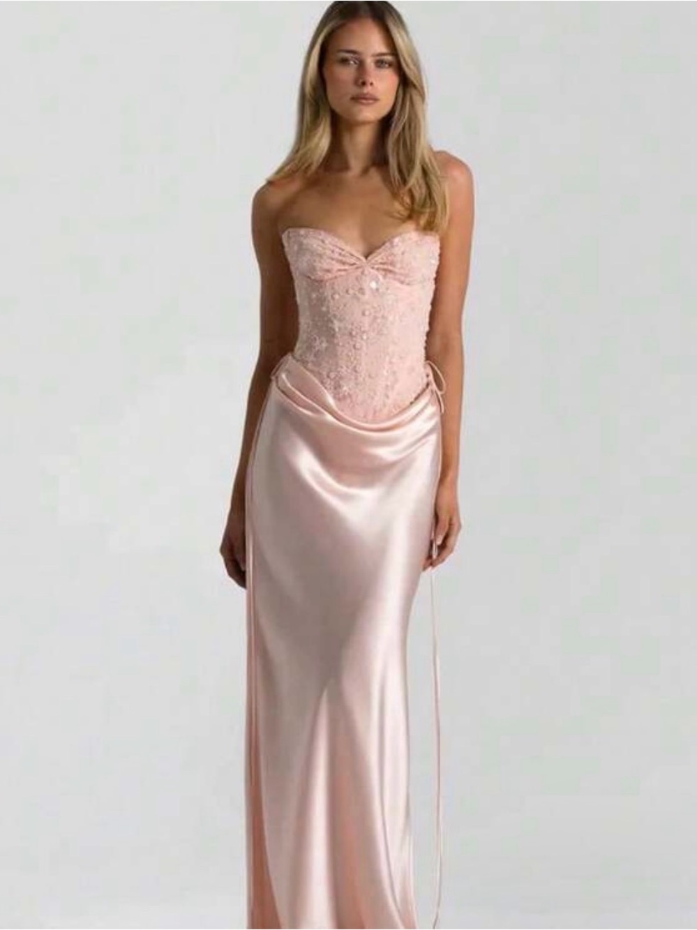 Strapless Blush Pink Satin & Lace Evening Dress
